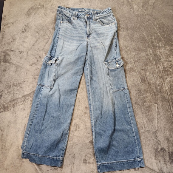 American Eagle Outfitters Denim - American Eagle Jeans Womens 4 Blue Super High Rise Baggy Wide Leg Cargo 90s VTG